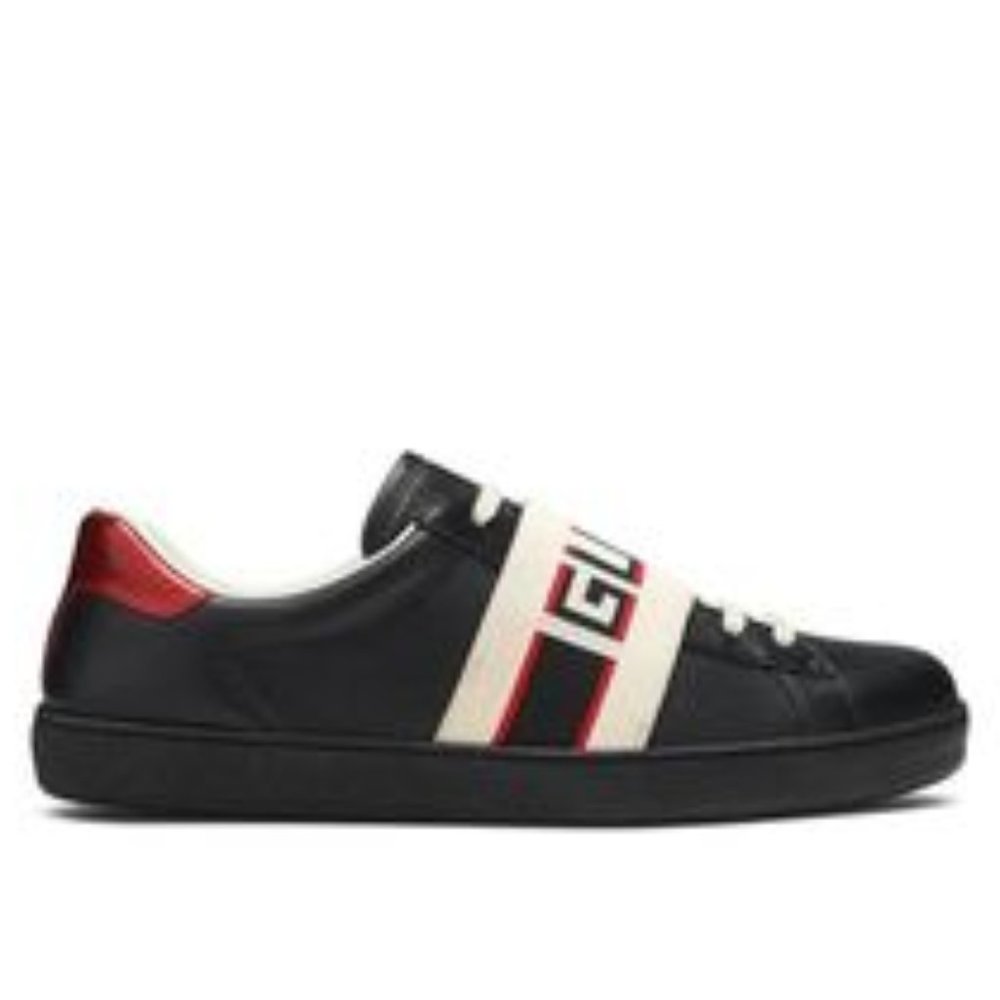 GUCCI MEN'S BLACK ACE ELASTIC BAND LEATHER FLAT LACE UP - Picture 12 of 17
